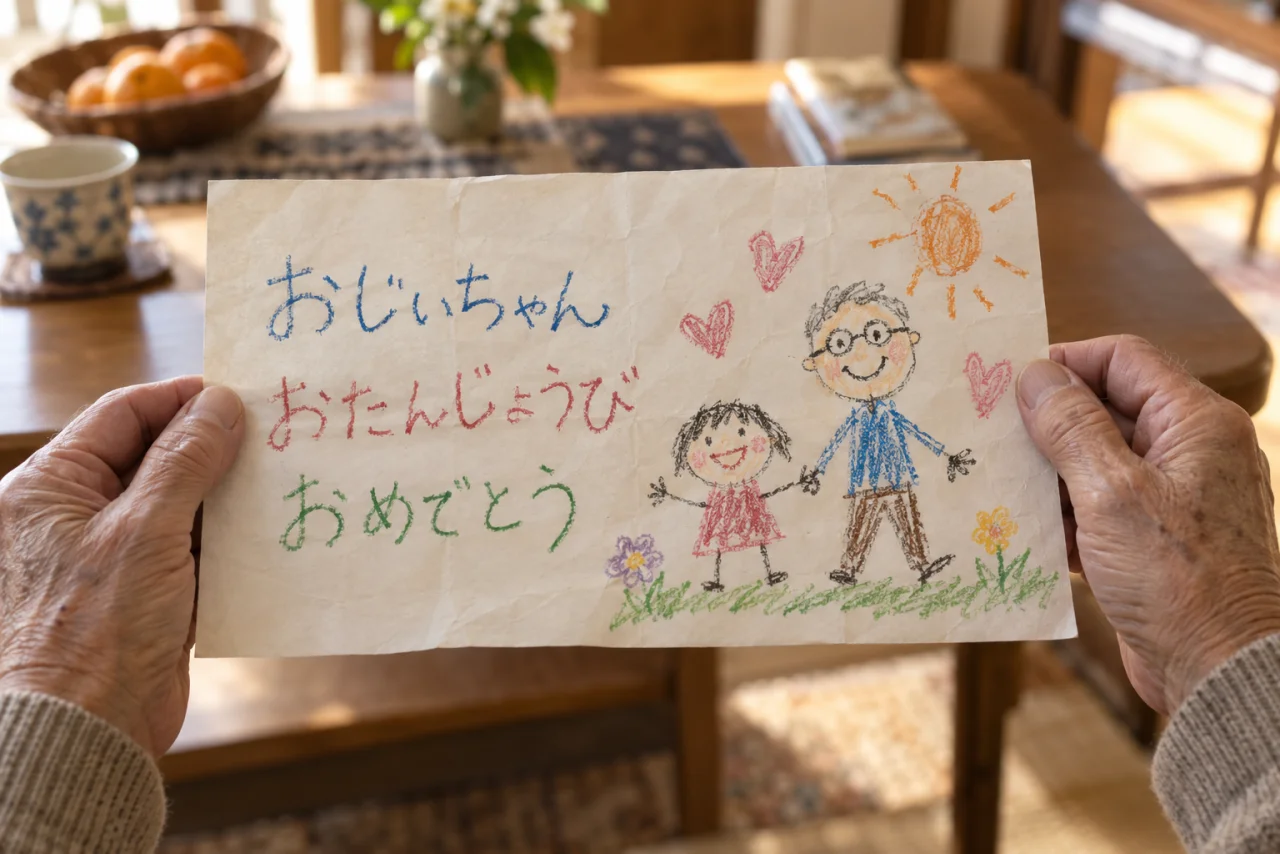祖父の視点で読む、孫が幼い絵と文字で書いた誕生日の手紙。