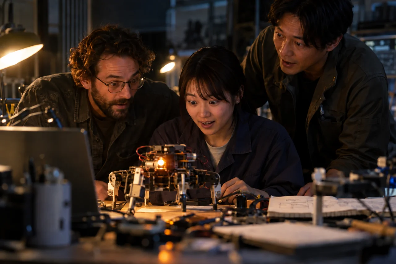 初めて試作機が動き、驚きと安堵の表情で見つめる開発者たち。