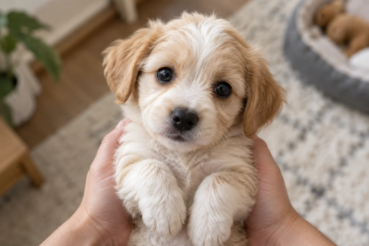 腕の中の子犬がこちらを見上げる、抱いている人の視点。