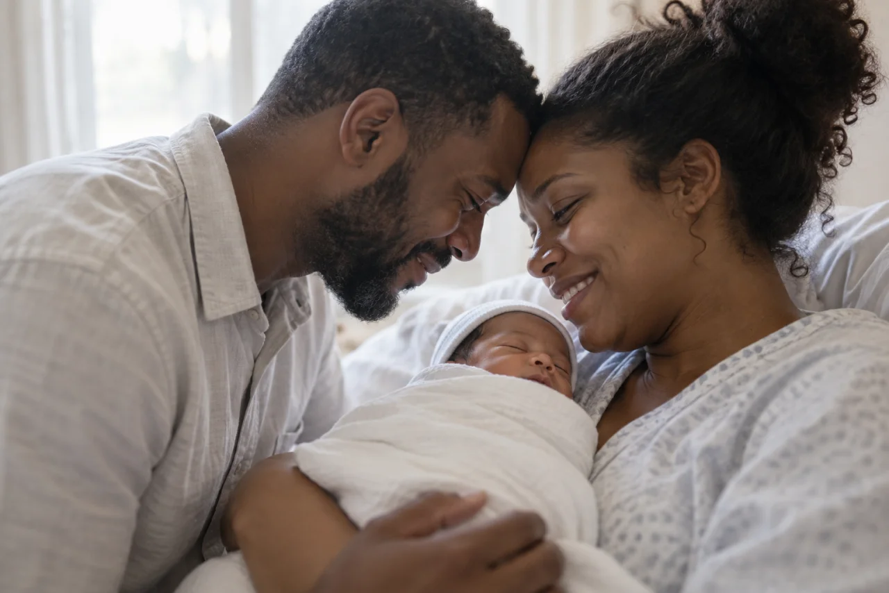 生まれたばかりの我が子を抱き、喜びをかみしめる両親。